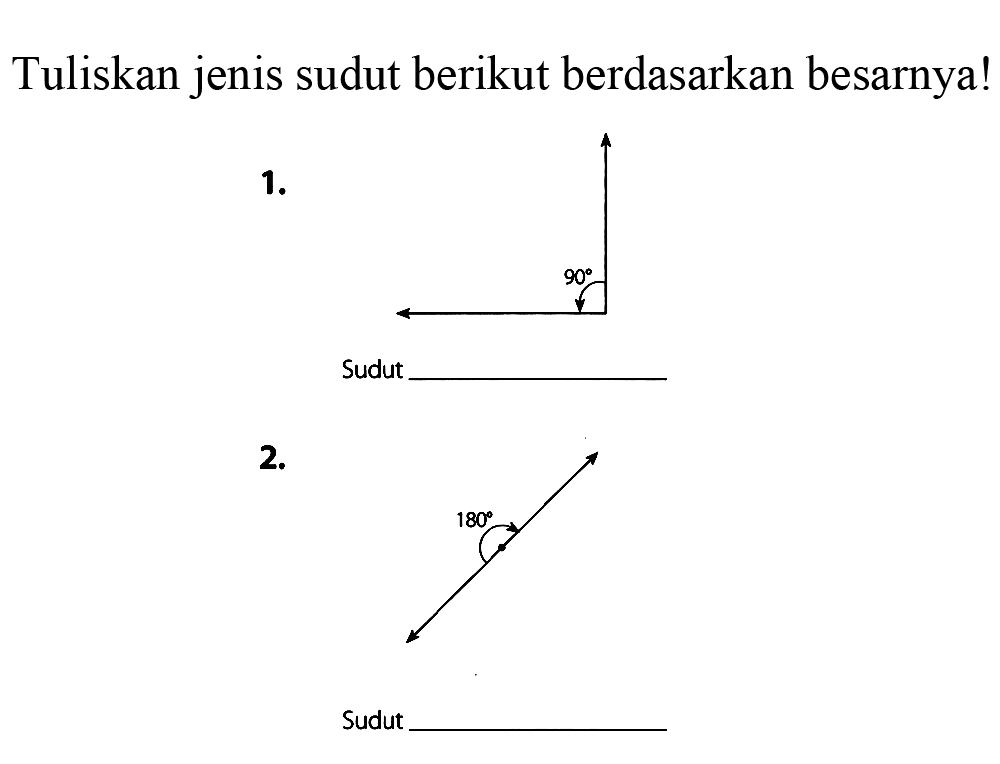 Tuliskan jenis sudut berikut berdasarkan besarnya!
1.
Sudut
2.
Sudut