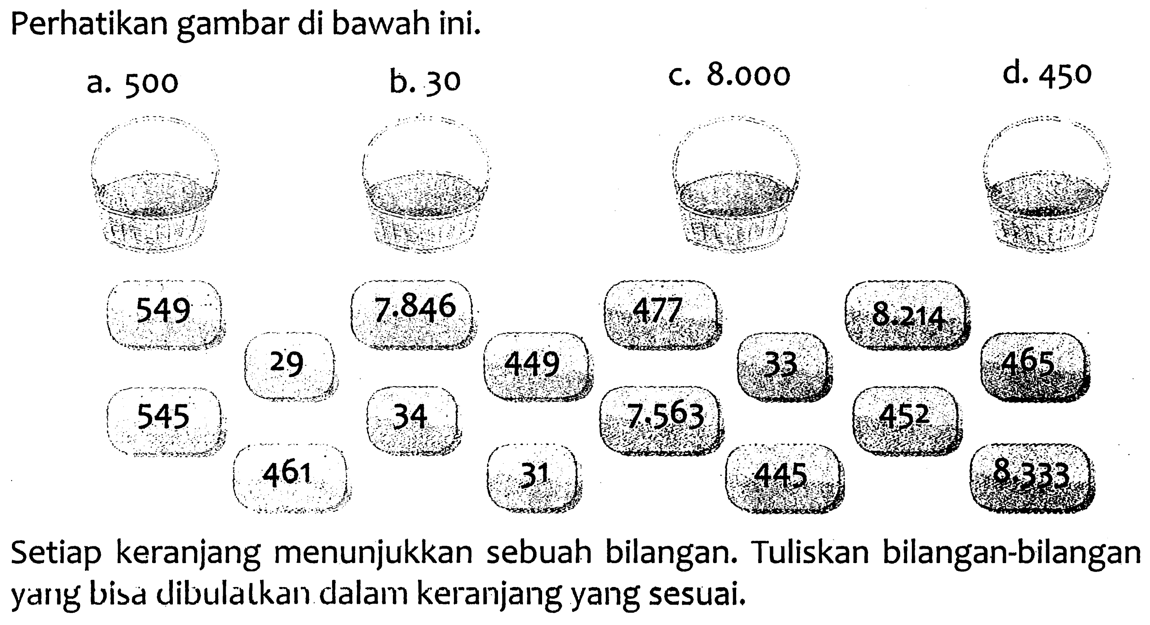 Perhatikan gambar di bawah ini.
a. 500
b. 30
c.  8.000 
d. 450
549 29 7.846 449 477 33 8.214 465 545 461 34 31 7.563 445 452 8.333
Setiap keranjang menunjukkan sebuah bilangan. Tuliskan bilangan-bilangan yarıg bisa dibulatkan dalam keranjang yang sesuai.