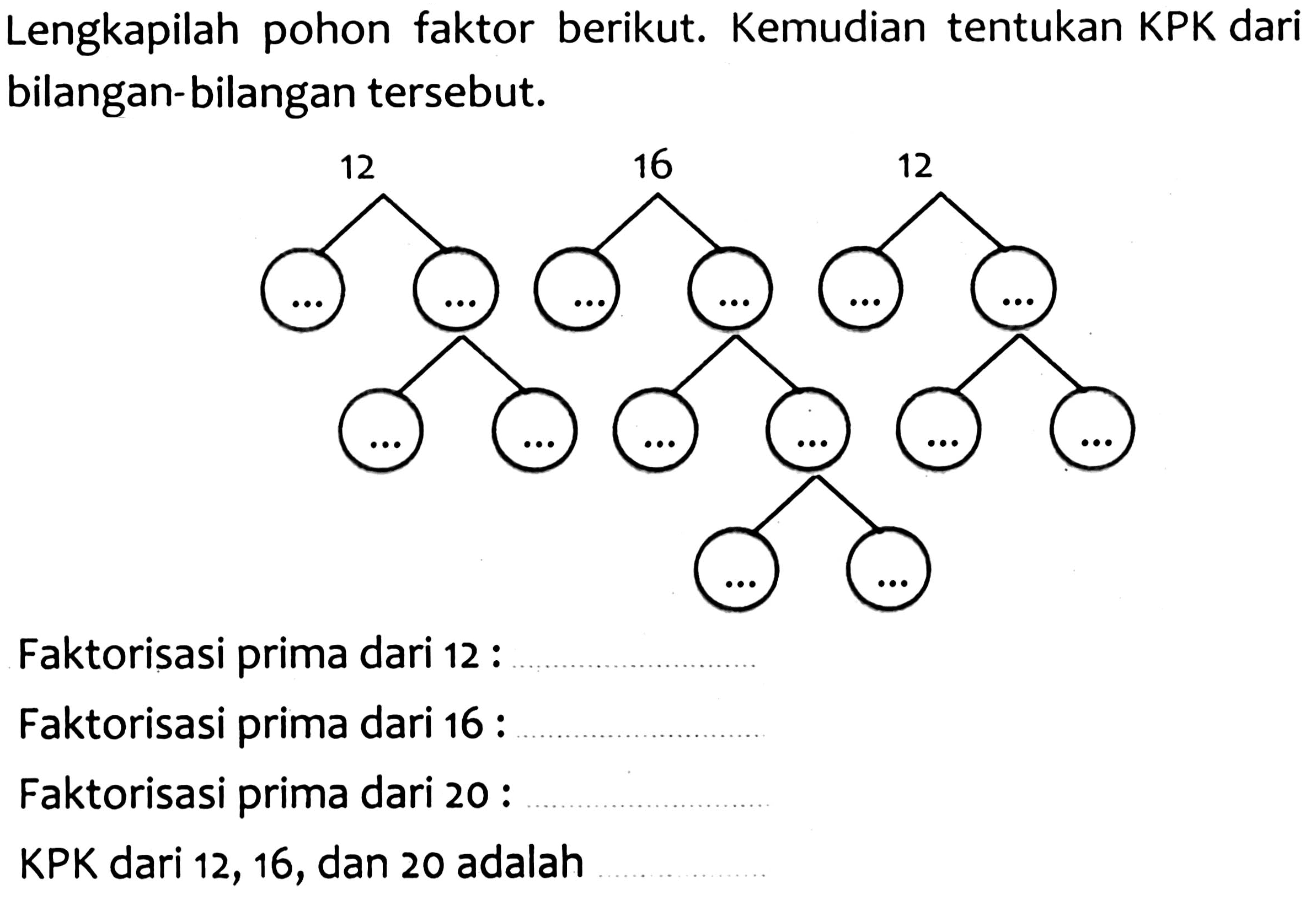 Lengkapilah pohon faktor berikut. Kemudian tentukan KPK dari bilangan-bilangan tersebut.
Faktorisasi prima dari 12 :
Faktorisasi prima dari 16 :
Faktorisasi prima dari 20 :
KPK dari 12, 16, dan 20 adalah