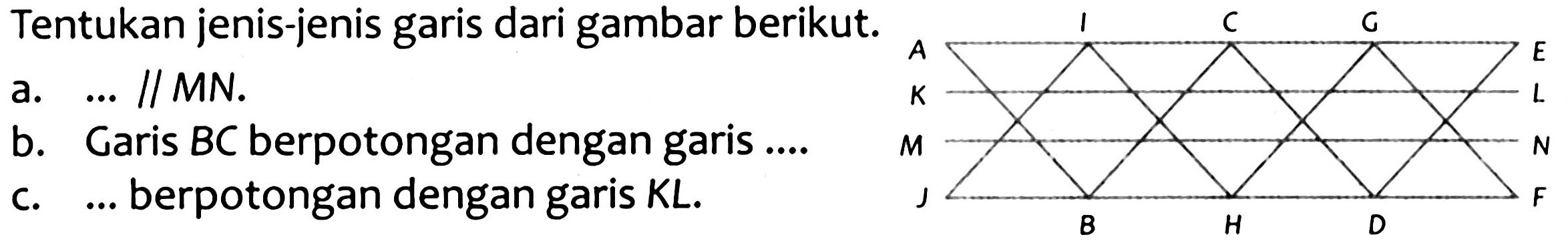 Tentukan jenis-jenis garis dari gambar berikut.
a. ... // MN.
b. Garis  B C  berpotongan dengan garis  ... . 
c. ... berpotongan dengan garis KL.