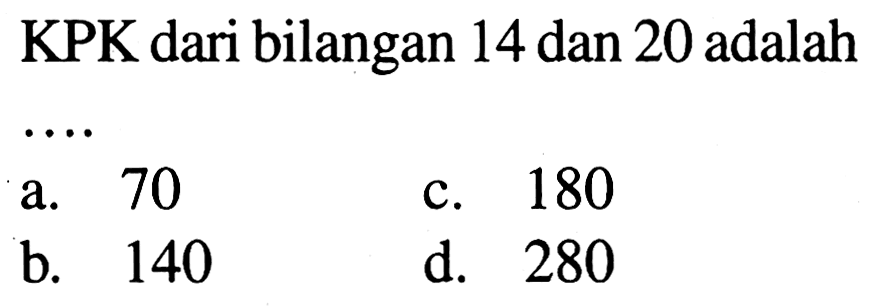 KPK dari bilangan 14 dan 20 adalah ....