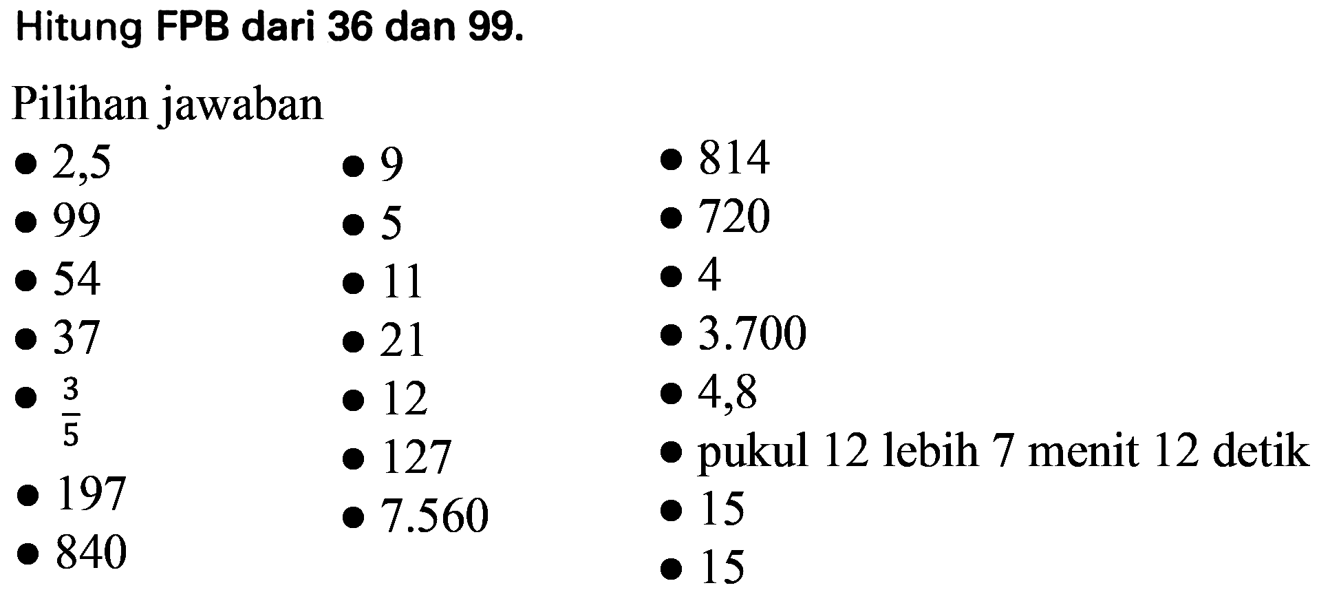 Hitung FPB dari 36 dan  99 .