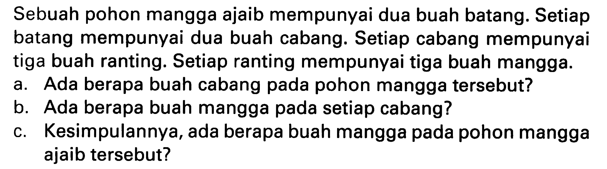 Sebuah pohon mangga ajaib mempunyai dua buah batang. Setiap batang mempunyai dua buah cabang. Setiap cabang mempunyai tiga buah ranting. Setiap ranting mempunyai tiga buah mangga.
a. Ada berapa buah cabang pada pohon mangga tersebut?
b. Ada berapa buah mangga pada setiap cabang?
c. Kesimpulannya, ada berapa buah mangga pada pohon mangga ajaib tersebut?