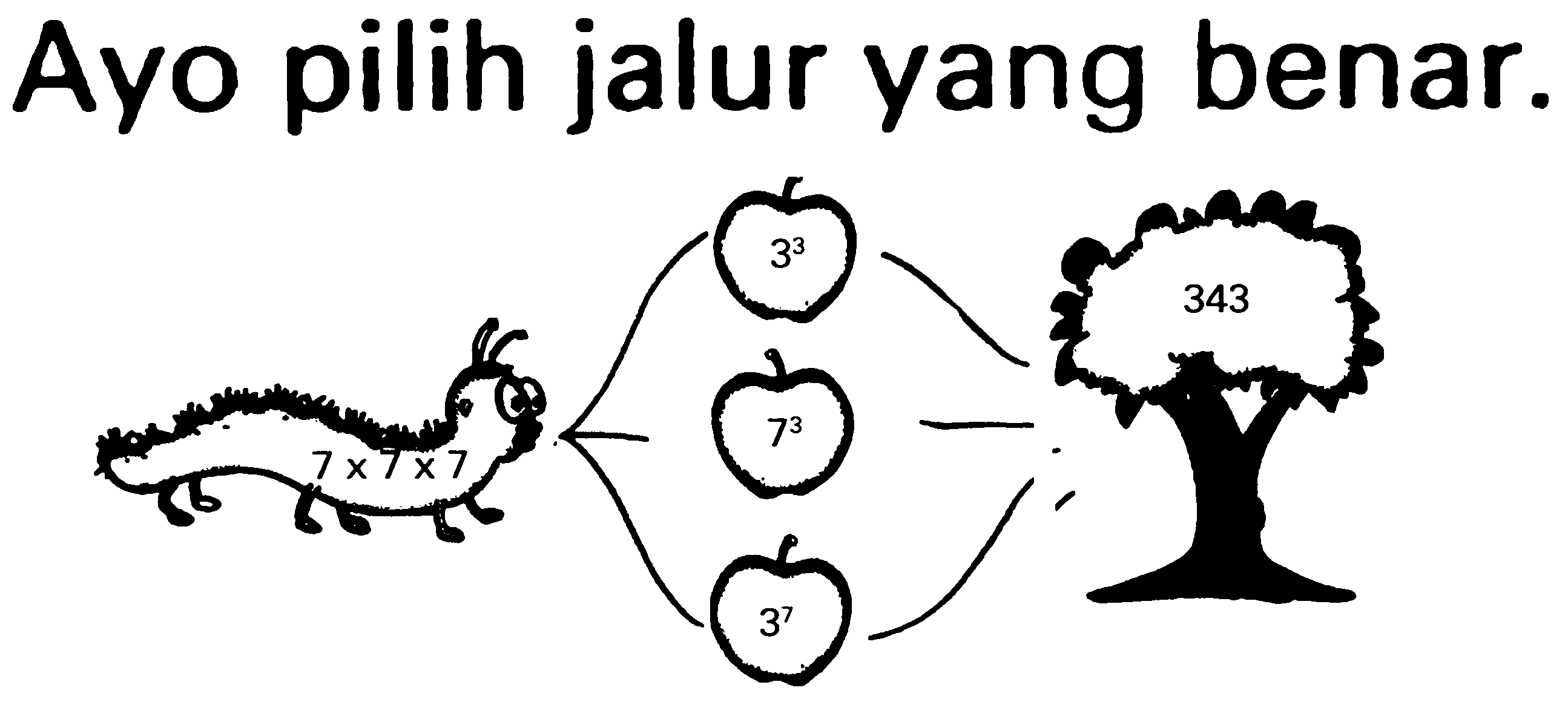 Ayo pilih jalur yang benar.
7 x 7 x 7 3^3 7^3 3^7 343