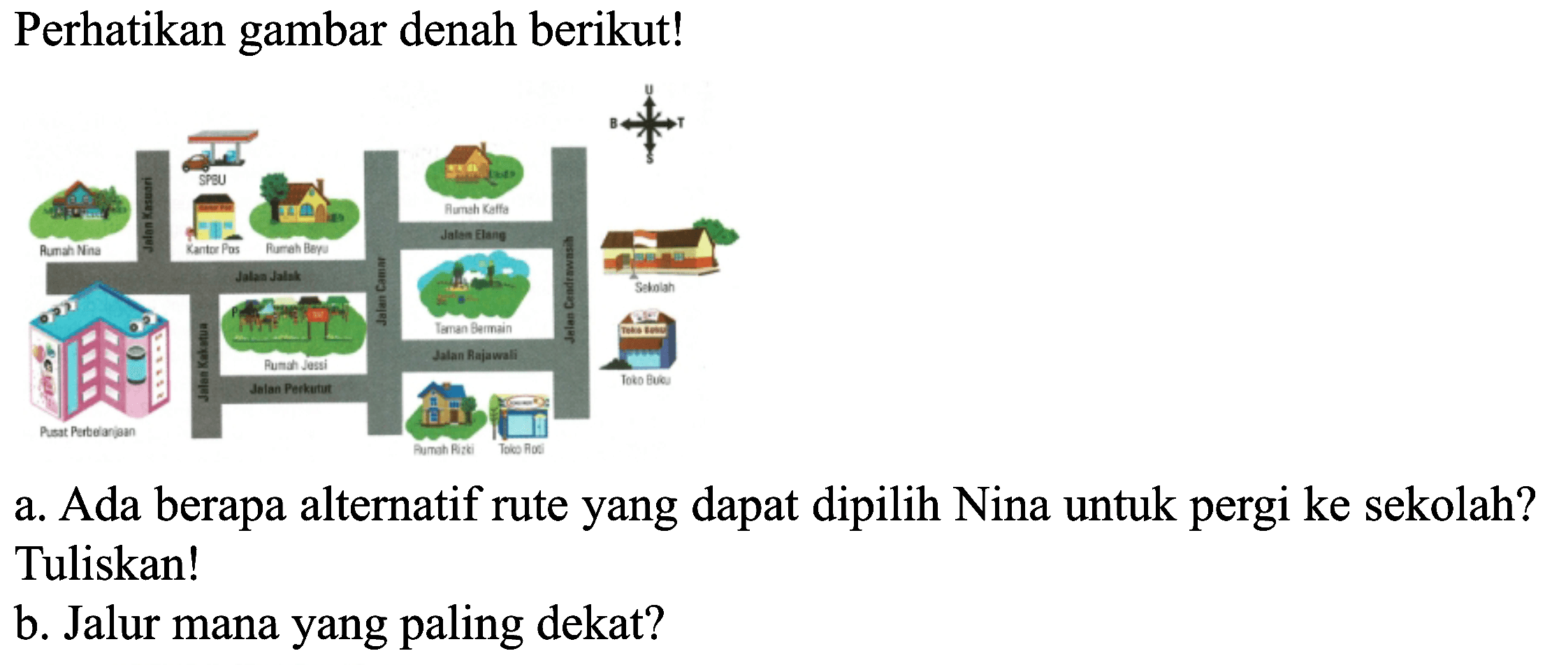 Perhatikan gambar denah berikut! Rumah Nina Jalan Kasuari SPBU Jalan Jalak Kantor Pos Rumah Bayu Jalan Elang Rumah Kaffa Jalan Elang Jalan Cendrawasih Taman Bermain Sekolah Toko Buku Jalan Rajawali Rumah Jesi Jalan Perkutut Jalan Kakatua Pusat Perbelanjaan Rumah Rizki Toko Roti 
a. Ada berapa alternatif rute yang dapat dipilih Nina untuk pergi ke sekolah? Tuliskan!
b. Jalur mana yang paling dekat?