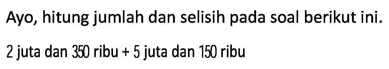 Ayo, hitung jumlah dan selisih pada soal berikut ini.
2 juta dan 350 ribu + 5 juta dan 150 ribu