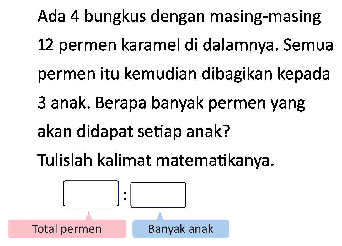 Ada 4 bungkus dengan masing-masing 12 permen karamel di dalamnya. Semua permen itu kemudian dibagikan kepada 3 anak. Berapa banyak permen yang akan didapat setiap anak? Tulislah kalimat matematikanya.