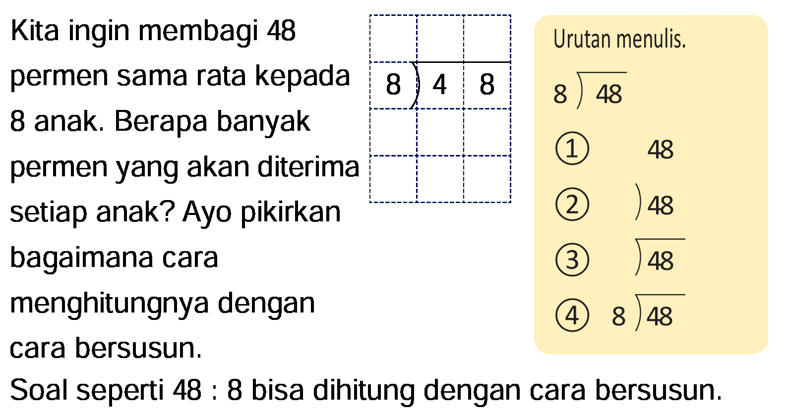 Soal seperti 48 : 8 bisa dihitung dengan cara bersusun.