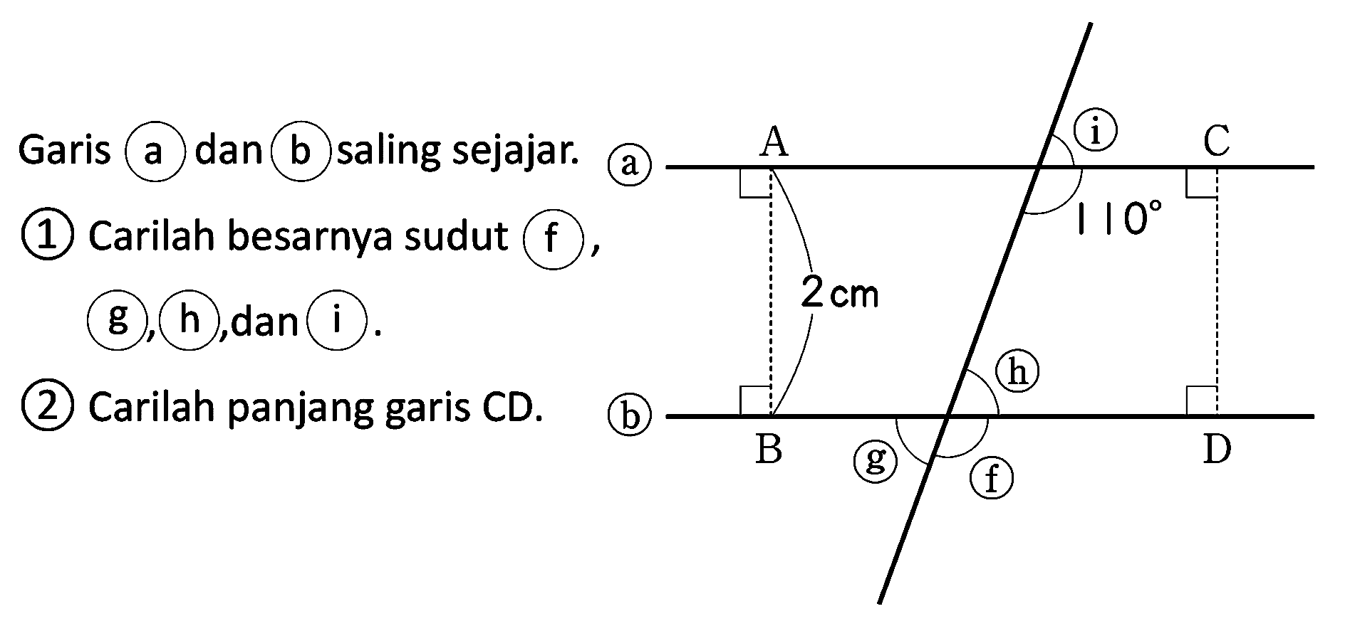 Garis a dan b saling sejajar.
(1) Carilah besarnya sudut f, g, h, dan i. 
(2) Carilah panjang garis CD. 
a b f g h i A B C D 2 cm 110
