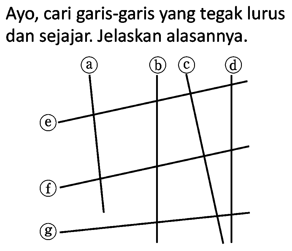 Ayo, cari garis-garis yang tegak lurus dan sejajar. Jelaskan alasannya.
a b c d e f g