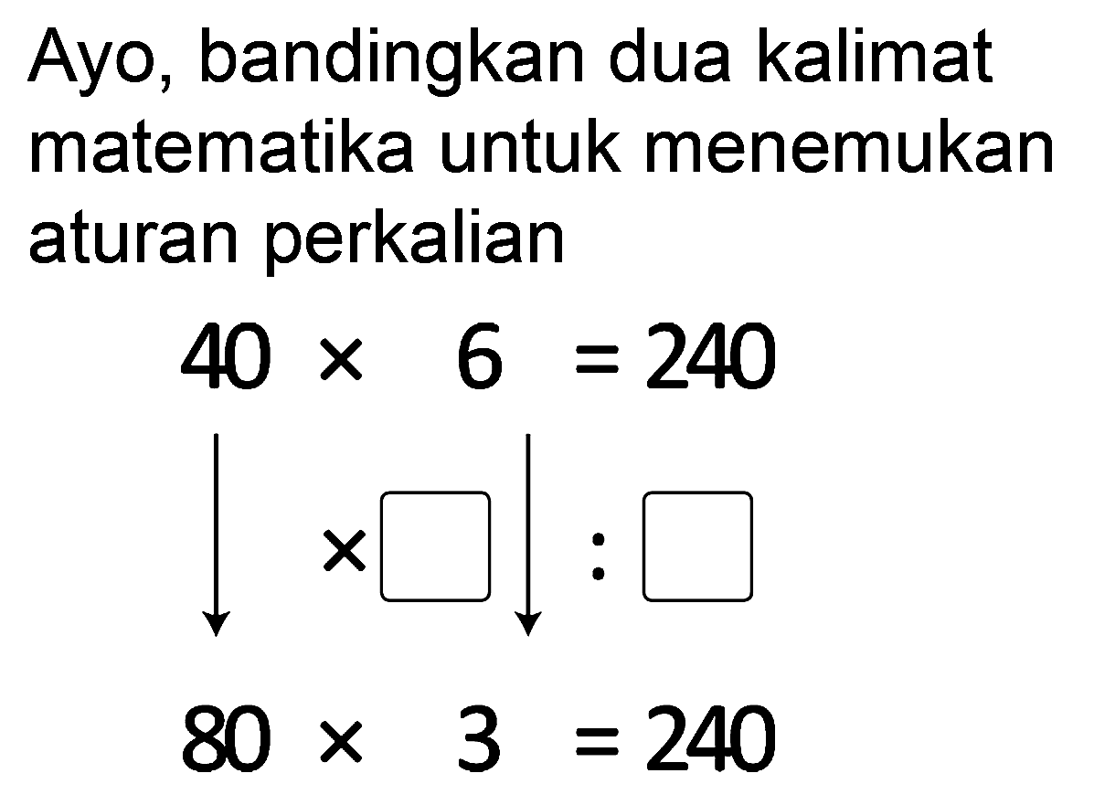 Ayo, bandingkan dua kalimat matematika untuk menemukan aturan perkalian


40 x 6=240 
down-> x square=square 
80 x 3=240

