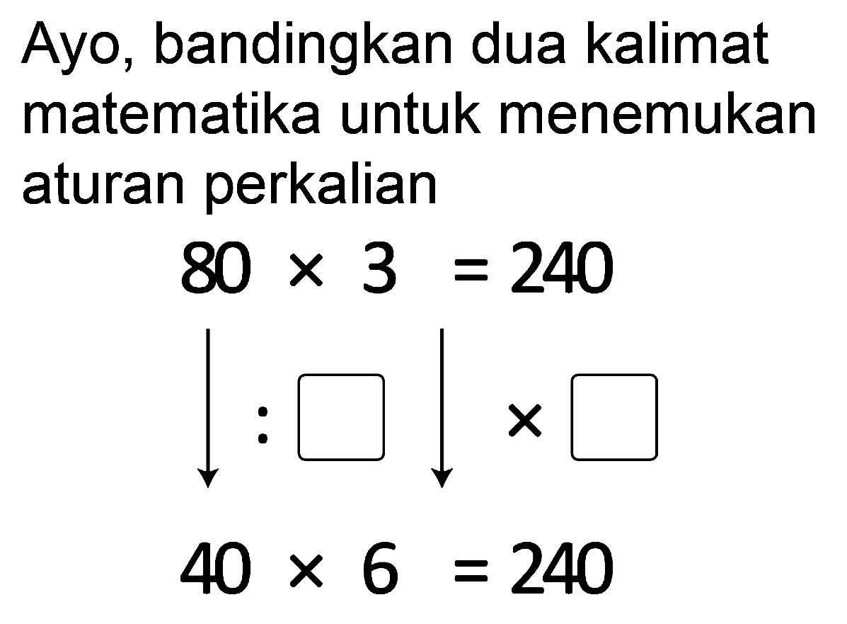 Ayo, bandingkan dua kalimat matematika untuk menemukan aturan perkalian


80 x 3=240 
down-> square square down-> square=240

