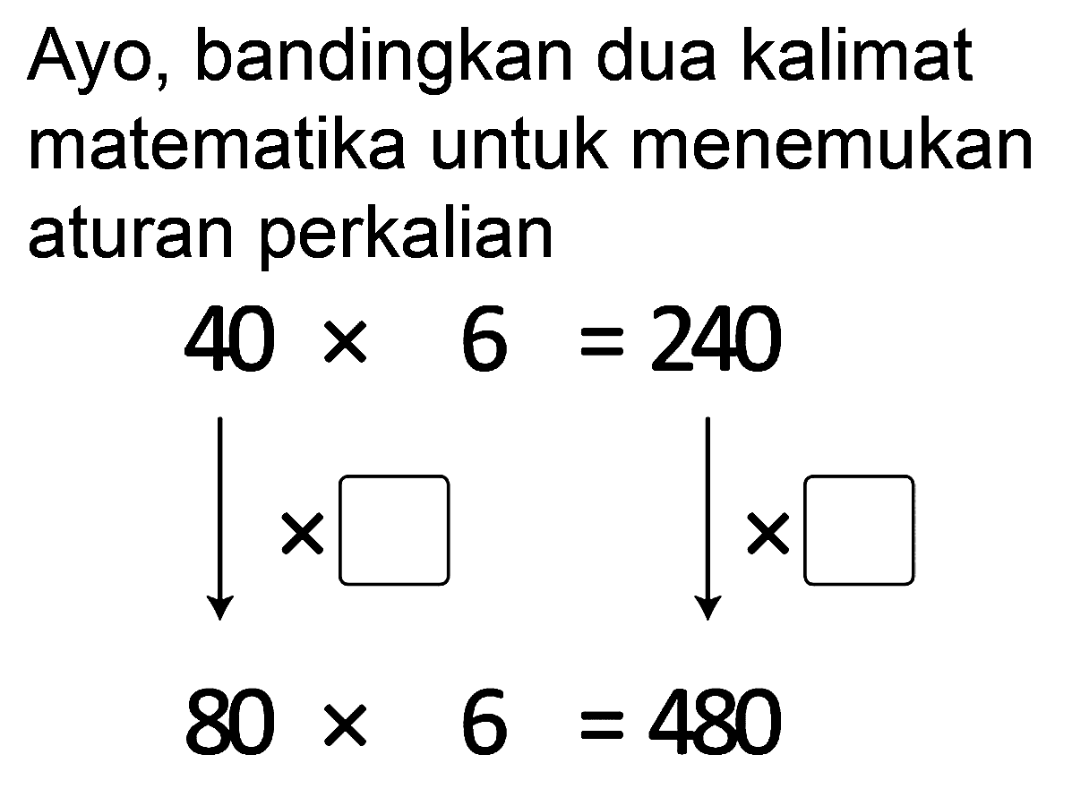 Ayo, bandingkan dua kalimat matematika untuk menemukan aturan perkalian


40 x 6=240 
down-> x square=square x square 
80 x 6=480

