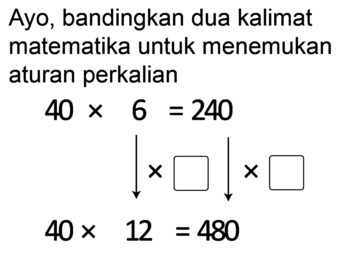 Ayo, bandingkan dua kalimat matematika untuk menemukan aturan perkalian


40 x  6=240 
down-> x square square square square square 
40 x  12=480

