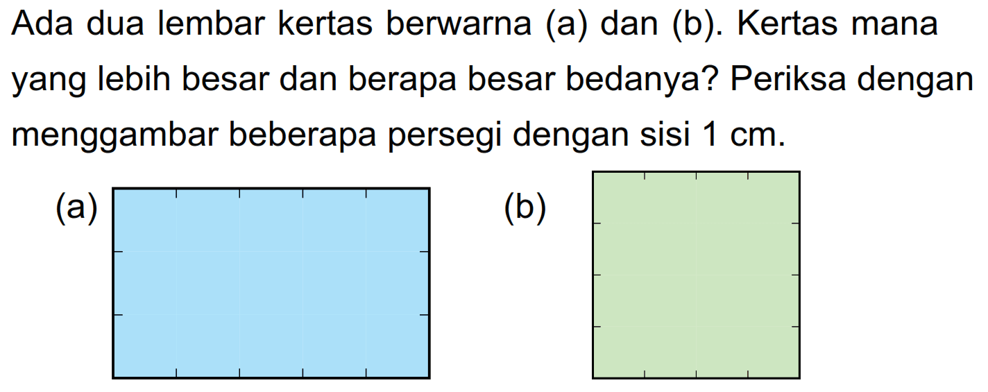 Ada dua lembar kertas berwarna (a) dan (b). Kertas mana yang lebih besar dan berapa besar bedanya? Periksa dengan menggambar beberapa persegi dengan sisi 1 cm.
(a)
(b)