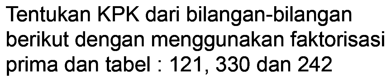 Tentukan KPK dari bilangan-bilangan berikut dengan menggunakan faktorisasi prima dan tabel : 121, 330 dan 242