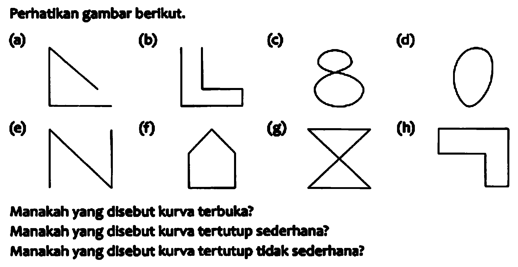 Perhatkan gambar berikut. 
(a) (b) (c) (d) 
(e) (f) (g) (h) 
Manakah yang disebut kurva terbuka? 
Manakah yang disebut kurva tertutup sederhana? 
Manakah yang disebut kurva tertutup tidak sederhana?