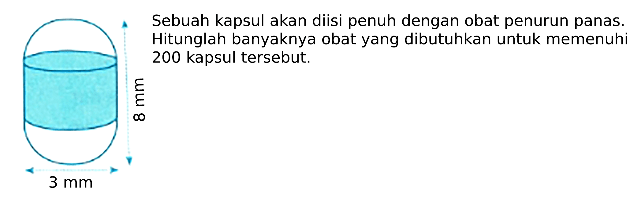 Sebuah kapsul akan diisi penuh dengan obat penurun panas. Hitunglah banyaknya obat yang dibutuhkan untuk memenuhi 200 kapsul tersebut.