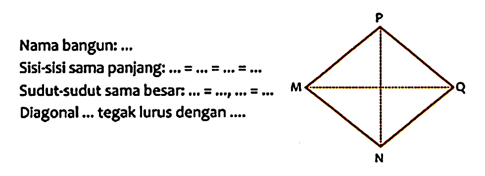 Nama bangun: ... 
Sisi-sisi sama panjang: ... = ... = ... = ... 
Sudut-sudut sama besar: ... = ...,... = ... 
Diagonal ... tegak lurus dengan .... 
PQNM 