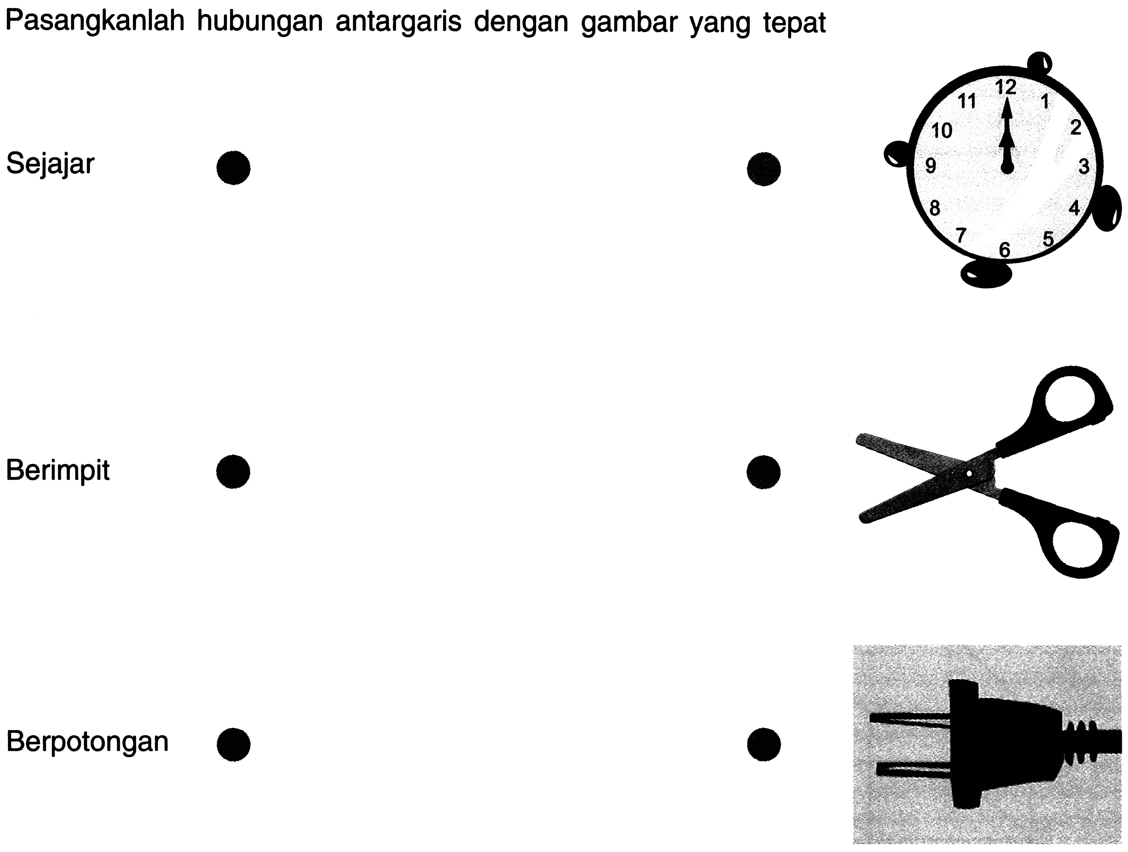 Pasangkanlah hubungan antargaris dengan gambar yang tepat
Sejajar
Berimpit
Berpotongan