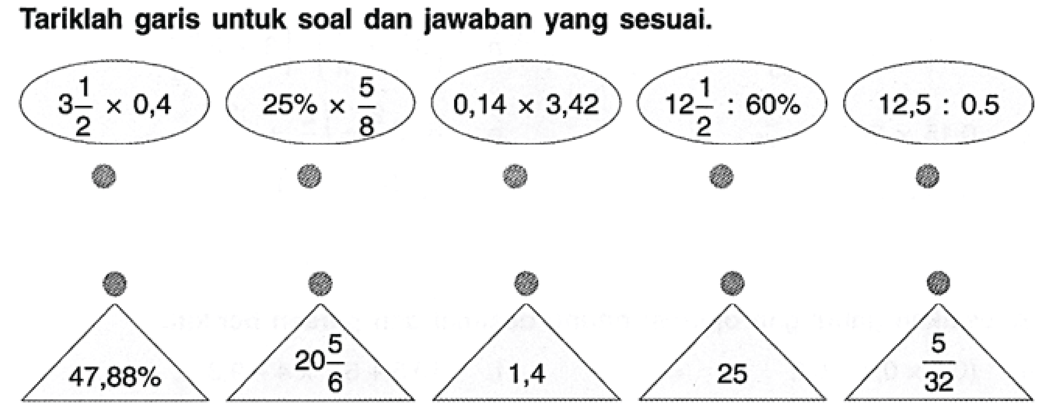 Tariklah garis untuk soal dan jawaban yang sesuai.
3 1/2 x 0,4 
25% x 5/8 
0,14 x 3,42 
12 1/2 : 60%
12,5 : 0,5
47,88% 20 5/6 1.4 25 5/32