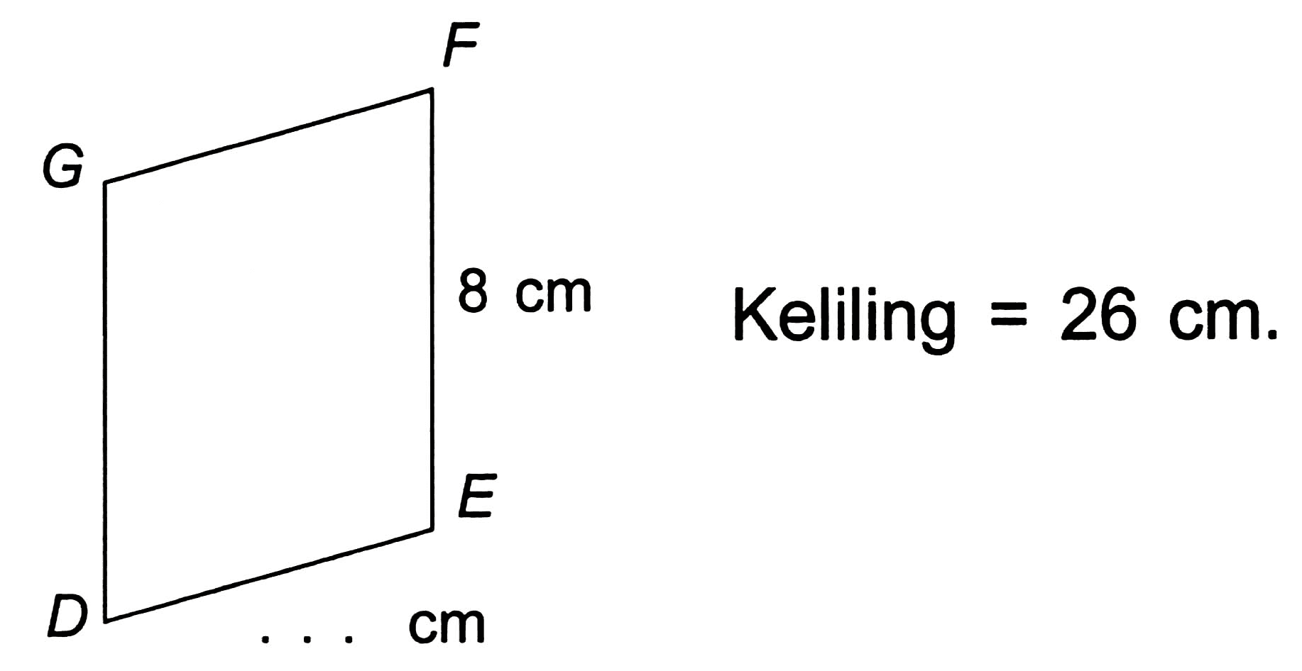 _(D) underbrace{8 cm   { Keliling )=26 cm .)_(... . cm)^(F)