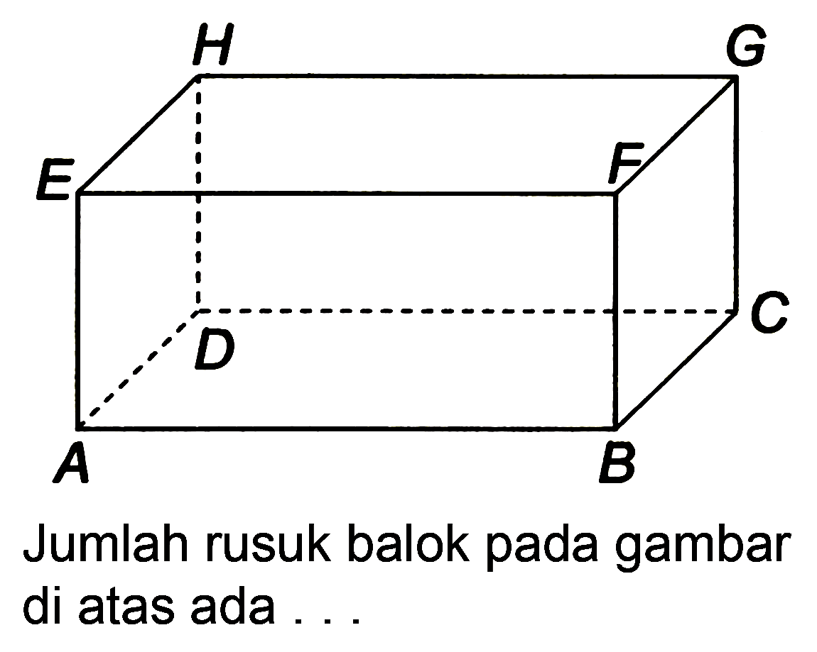 A B C D E F G H 
Jumlah rusuk balok pada gambar di atas ada ...