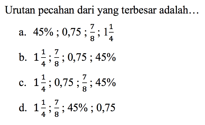 Urutan pecahan dari yang terbesar adalah...
a.  45 % ; 0,75 ; (7)/(8) ; 1 (1)/(4) 
b.  1 (1)/(4) ; (7)/(8) ; 0,75 ; 45 % 
c.  1 (1)/(4) ; 0,75 ; (7)/(8) ; 45 % 
d.  1 (1)/(4) ; (7)/(8) ; 45 % ; 0,75 