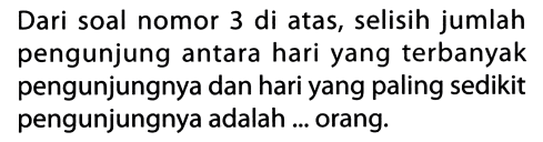 Dari soal nomor 3 di atas, selisih jumlah pengunjung antara hari yang terbanyak pengunjungnya dan hari yang paling sedikit pengunjungnya adalah ... orang.