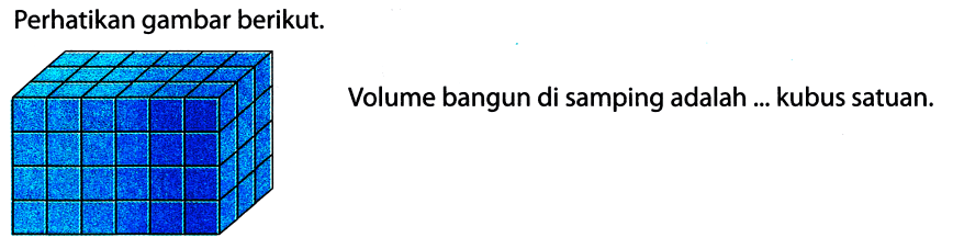 Perhatikan gambar berikut.
Volume bangun di samping adalah ... kubus satuan.