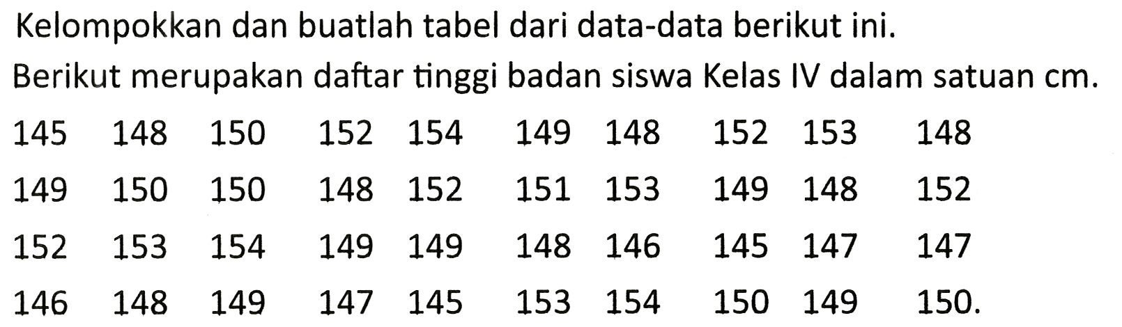 Kelompokkan dan buatlah tabel dari data-data berikut ini.
Berikut merupakan daftar tinggi badan siswa Kelas IV dalam satuan  cm .
 \begin{array)/(llllllllll)145  148  150  152  154  149  148  152  153  148  149  150  150  148  152  151  153  149  148  152  152  153  154  149  149  148  146  145  147  147  146  148  149  147  145  153  154  150  149  150 .\end{array) 