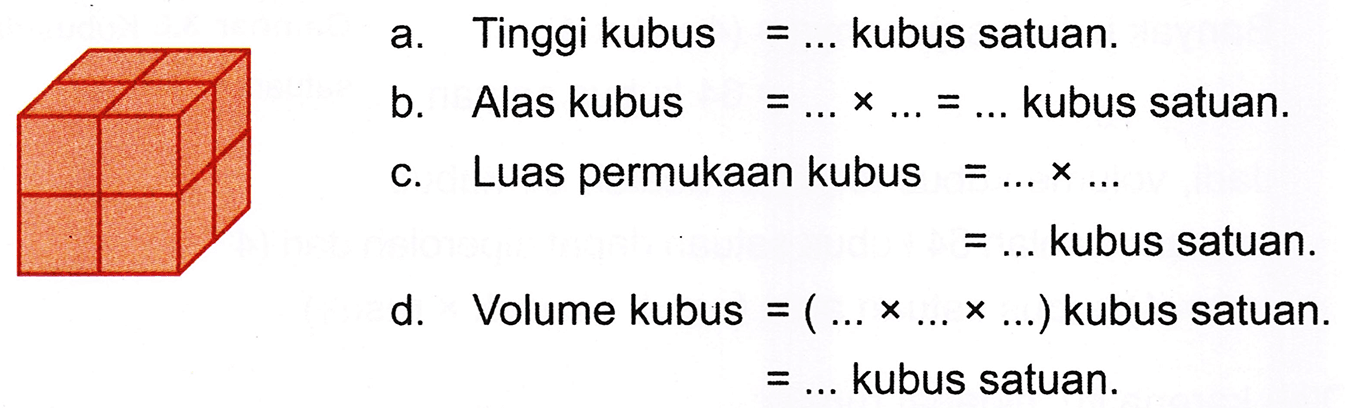 a. Tinggi kubus  =...  kubus satuan.
b. Alas kubus  =... x ...=...  kubus satuan.
c. Luas permukaan kubus  =... x ... 
 =...  kubus satuan.
d.    Volume kubus  =(... x ... x ...)  kubus satuan .
 =...  kubus satuan.