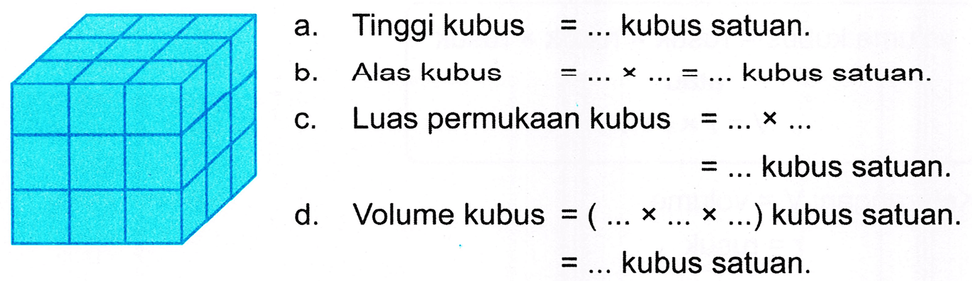 a. Tinggi kubus  =...  kubus satuan.
b. Alas kubus  =... x ...=...  kubus satuan.
c. Luas permukaan kubus  =... x ... 
 =...  kubus satuan.
d. Volume kubus  =(... x ... x ...)  kubus satuan .  =...  kubus satuan.