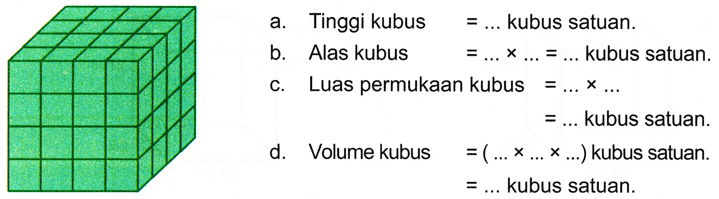 a. Tinggi kubus  =...  kubus satuan.
b. Alas kubus  =... x ...=...  kubus satuan.
c. Luas permukaan kubus  =... x ... 
 =...  kubus satuan.
d. Volume kubus  =(... x ... x ...)  kubus satuan .