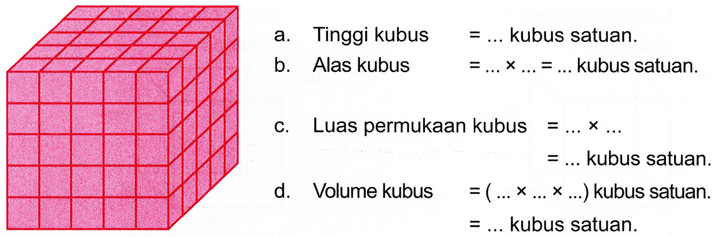 a. Tinggi kubus  =...  kubus satuan.
b. Alas kubus  =... x ...=...  kubus satuan .
c. Luas permukaan kubus  =... x ... 
 =...  kubus satuan.
d. Volume kubus  =(... x ... x ...)  kubus satuan .  =...  kubus satuan.