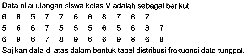 Data nilai ulangan siswa kelas  V  adalah sebagai berikut.
 (llllllllllll)6  8  5  7  7  6  6  8  7  6  7   5  6  6  7  5  5  5  6  5  6  8  7  6  9  8  7  8  9  6  6  9  8  6  8 
Sajikan data di atas dalam bentuk tabel distribusi frekuensi data tunggal.