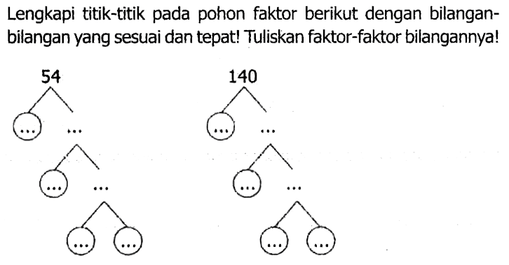 Lengkapi titik-titik pada pohon faktor berikut dengan bilanganbilangan yang sesuai dan tepat! Tuliskan faktor-faktor bilangannya!
 C C C ( C C ) C C C
 C C C