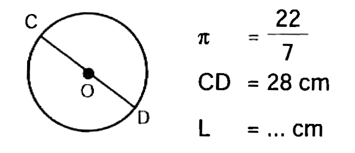 C O D 
pi = 22/7 
CD = 28 cm 
L = ... cm 