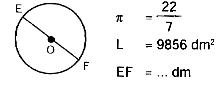  pi=(22)/(7) 
 (L)=9856 dm^2 
 (EF)=... dm 