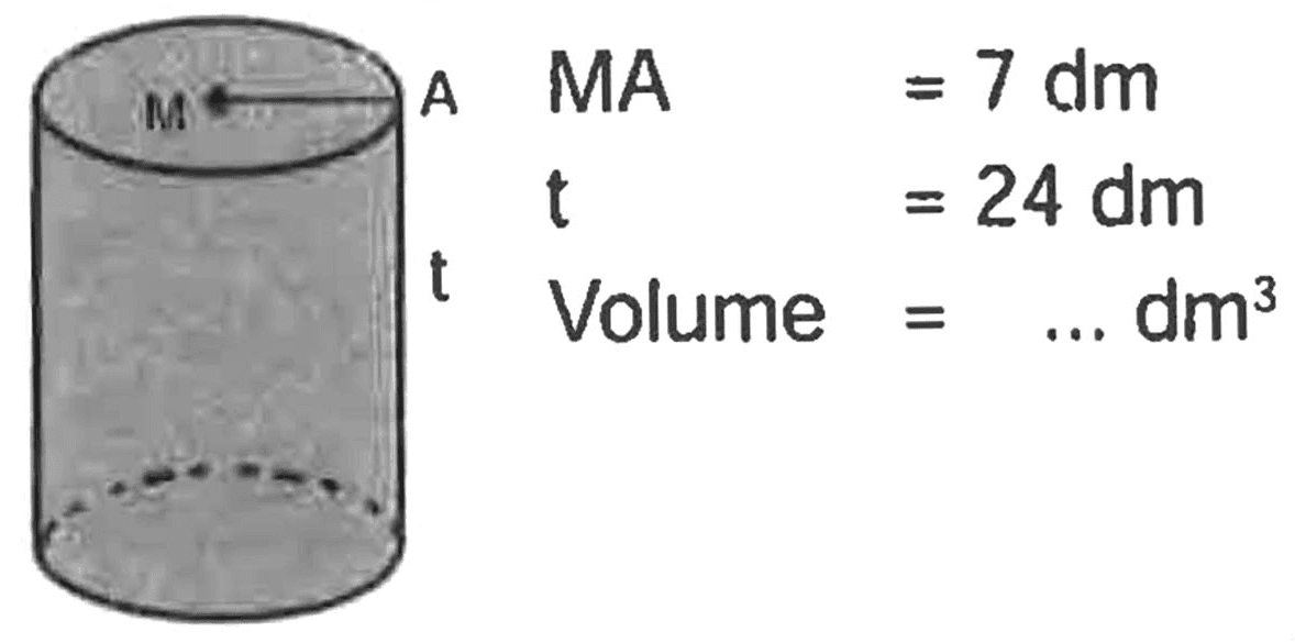 M A 
t 
MA = 7 dm 
t = 24 dm 
Volume = ... dm^3 