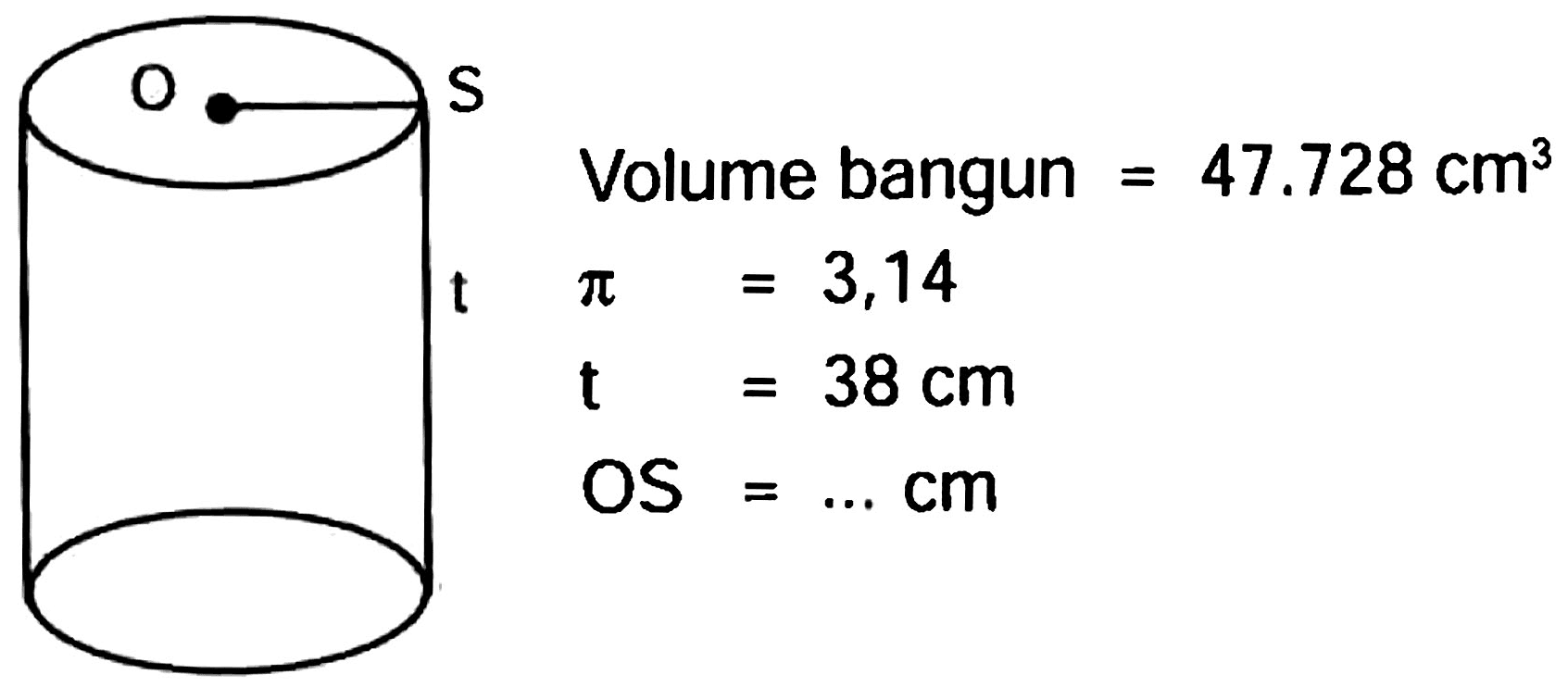 s  (l) { Volume bangun )=47.728 cm^(3)  pi=3,14  t=38 cm  OS=... cm