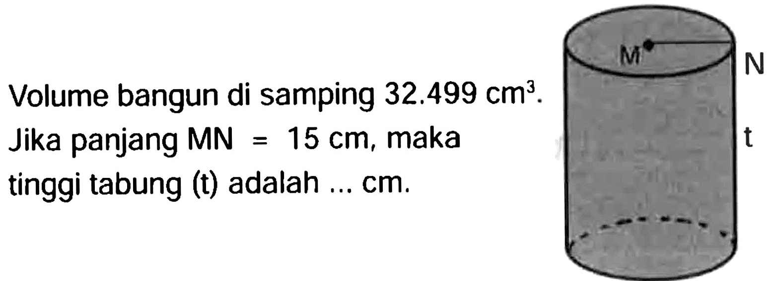 Volume bangun di samping  32.499 cm^(3) . Jika panjang  M N=15 cm , maka tinggi tabung  (t)  adalah ...  cm .