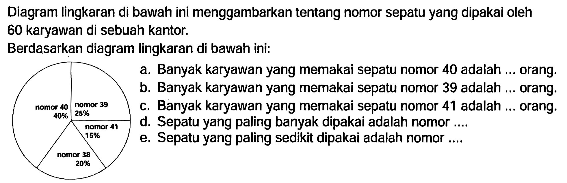 Diagram lingkaran di bawah ini menggambarkan tentang nomor sepatu yang dipakai oleh 60 karyawan di sebuah kantor.
Berdasarkan diagram lingkaran di bawah ini:
a. Banyak karyawan yang memakai sepatu nomor 40 adalah ... orang.
b. Banyak karyawan yang memakai sepatu nomor 39 adalah ... orang.
c. Banyak karyawan yang memakai sepatu nomor 41 adalah ... orang. d. Sepatu yang paling banyak dipakai adalah nomor ... e. Sepatu yang paling sedikit dipakai adalah nomor ....