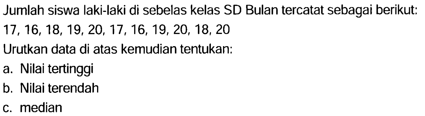 Jumlah siswa laki-laki di sebelas kelas SD Bulan tercatat sebagai berikut:  17,16,18,19,20,17,16,19,20,18,20 
Urutkan data di atas kemudian tentukan:
a. Nilai tertinggi
b. Nilai terendah
c. median