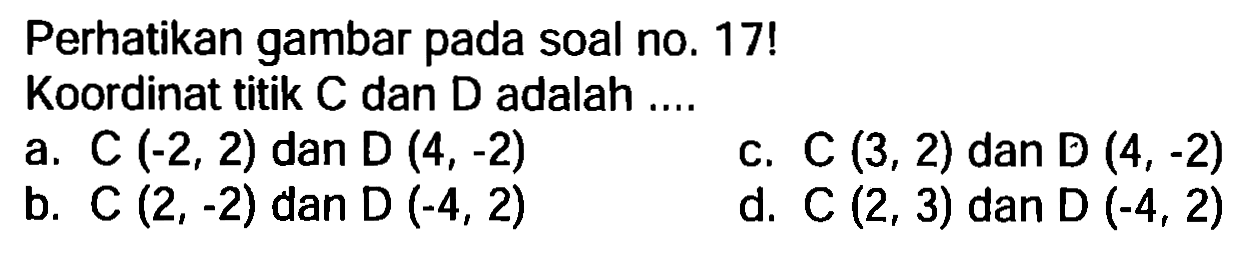 Perhatikan gambar pada soal no. 17!
Koordinat titik  C  dan  D  adalah ....
a.  C(-2,2)  dan  D(4,-2) 
c.  C(3,2)  dan  D(4,-2) 
b.  C(2,-2)  dan  D(-4,2) 
d.  C(2,3)  dan  D(-4,2) 