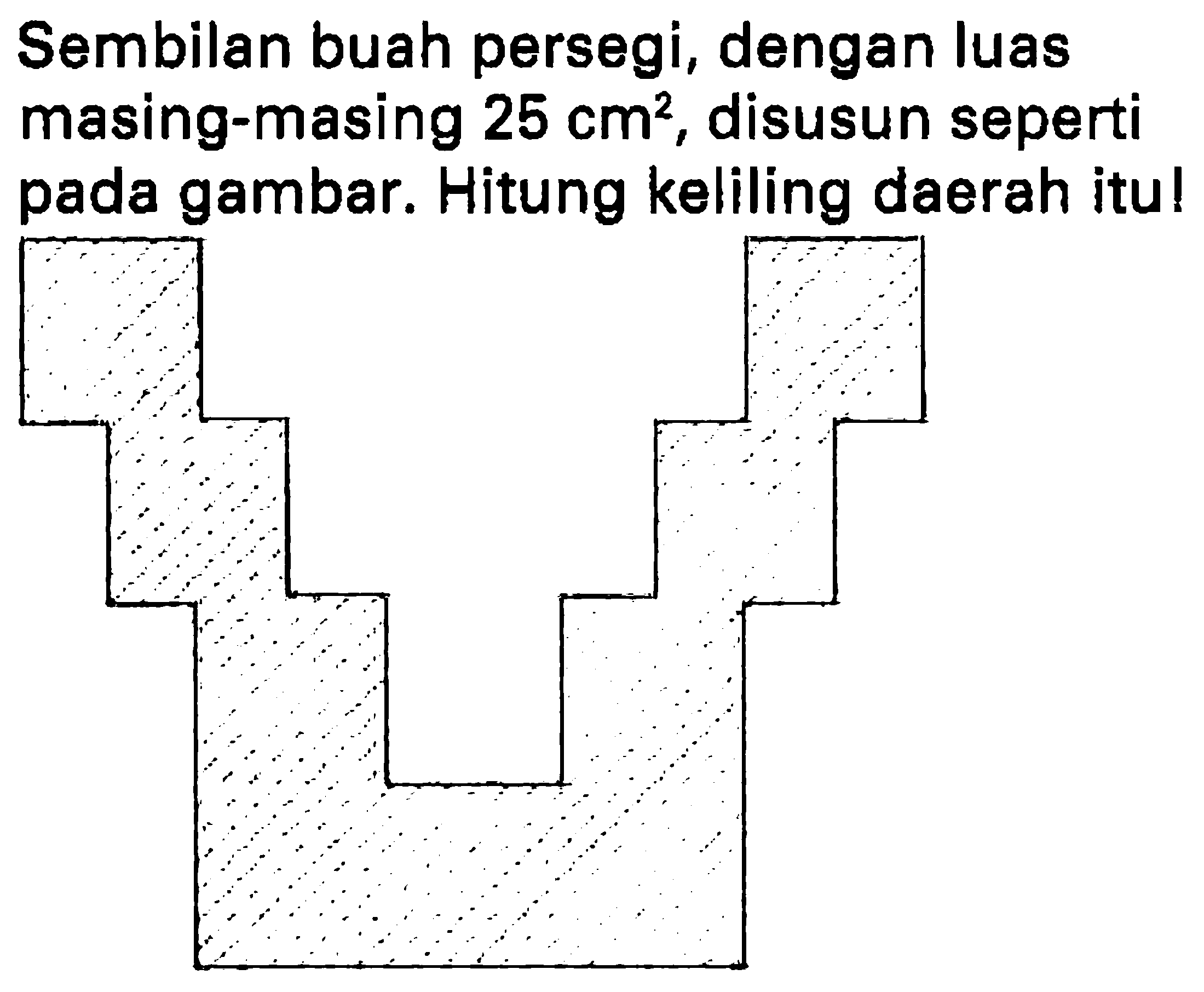 Sembilan buah persegi, dengan luas masing-masing  25 cm^(2) , disusun seperti pada gambar. Hitung keliling daerah itu!