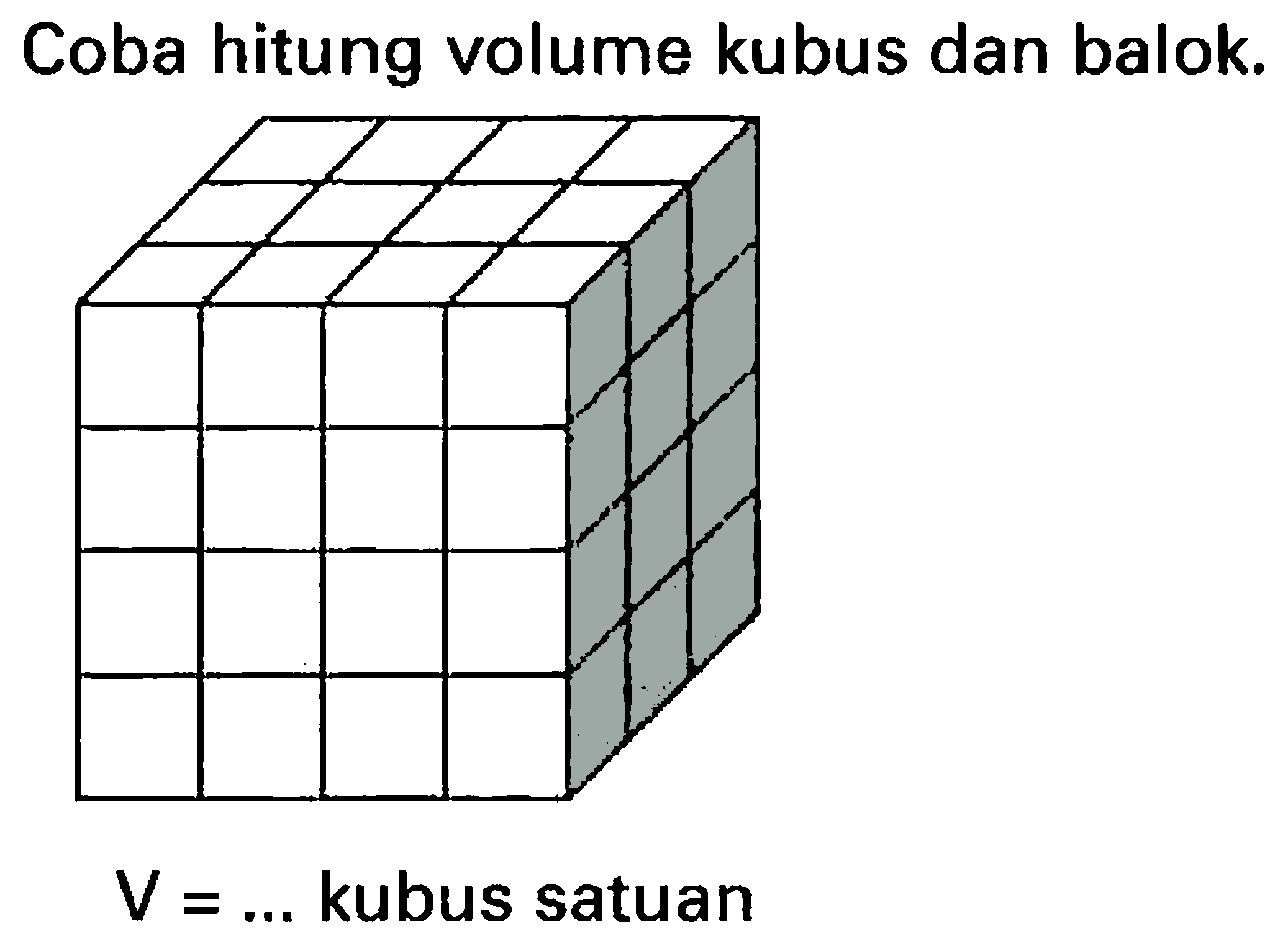 Coba hitung volume kubus dan balok.
 V=...  kubus satuan