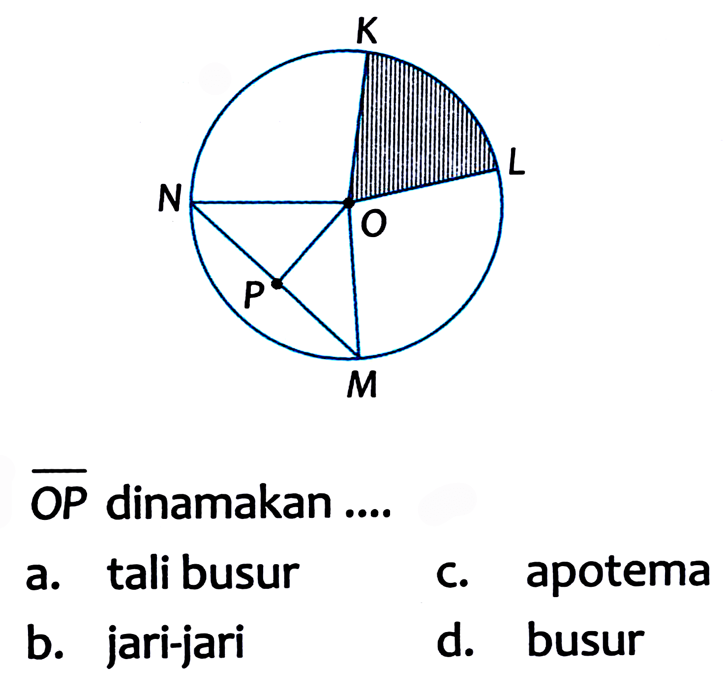  {O P)  dinamakan ....
a. tali busur
c. apotema
b. jari-jari
d. busur