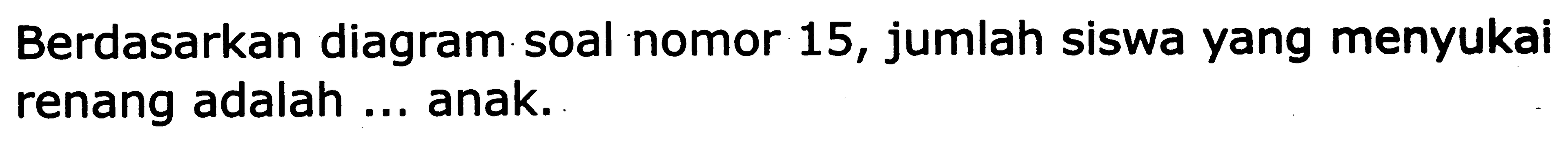 Berdasarkan diagram soal nomor 15, jumlah siswa yang menyukai renang adalah ... anak.