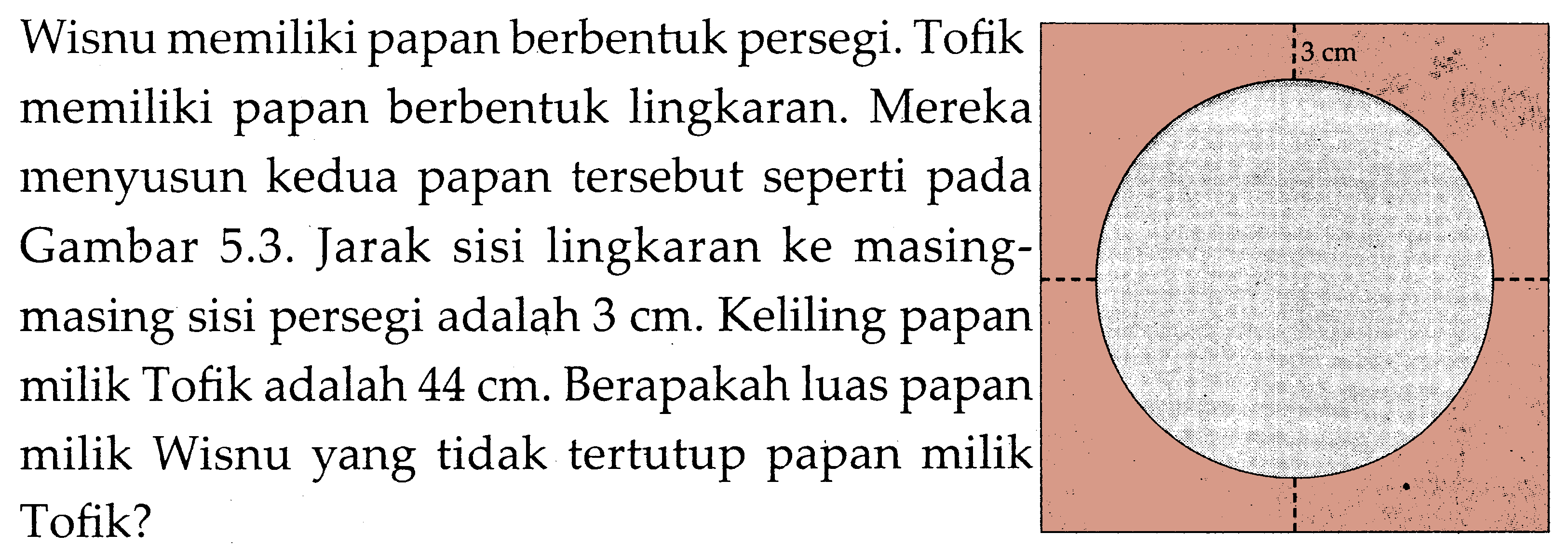 Wisnu memiliki papan berbentuk persegi. Tofik memiliki papan berbentuk lingkaran. Mereka menyusun kedua papan tersebut seperti pada Gambar 5.3. Jarak sisi lingkaran ke masingmasing sisi persegi adalah 3 cm. Keliling papan milik Tofik adalah 44 cm. Berapakah luas papan milik Wisnu yang tidak tertutup papan milik Tofik? 3 cm